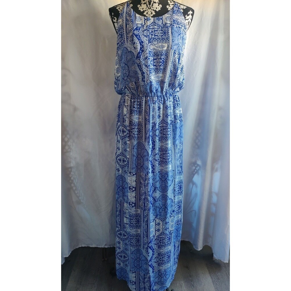 NORAH Blue White Paisley Print‎ Halter Neck Maxi Dress L